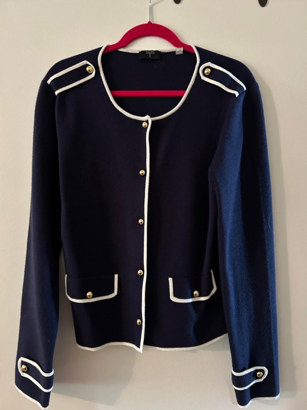 Tahari Navy Sweater Jacket with White Trim and Gold Buttons